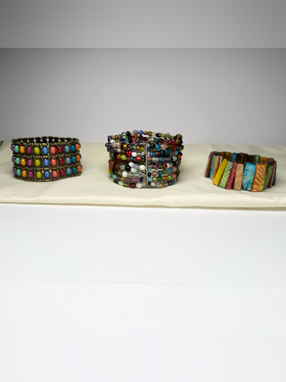 3-VTG 80s Vibrant Boho Coastal Bracelets-Stretch-Glass Stacked Beads Abalone